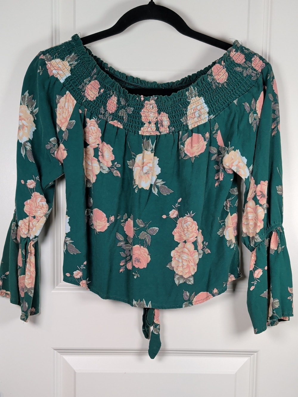Heart Hips Green Floral Off-Shoulder Tie-Front Blouse - Picture 10 of 10